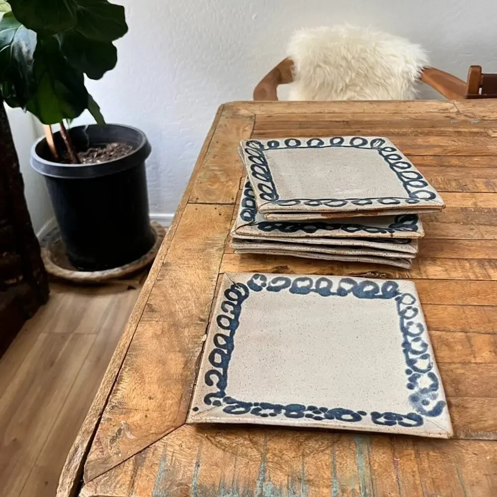 7 Art Studio Pottery Square Plates 9x9 in Blue Swirl Edge Rustic Speckled Rustic